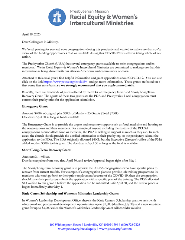 Letter To Black Pastors | Multiple Grants Available through PCUSA